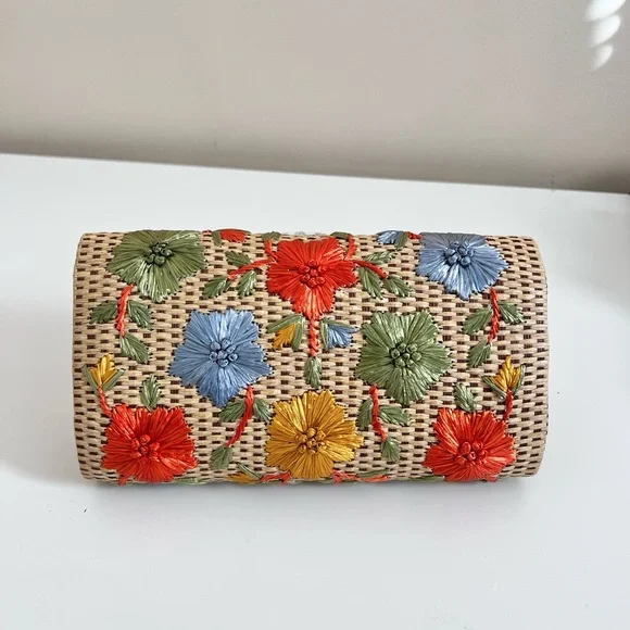 Anthropologie Garden Route Clutch Floral Raffia Embroidered Woven Purse Bag - Picture 4 of 12